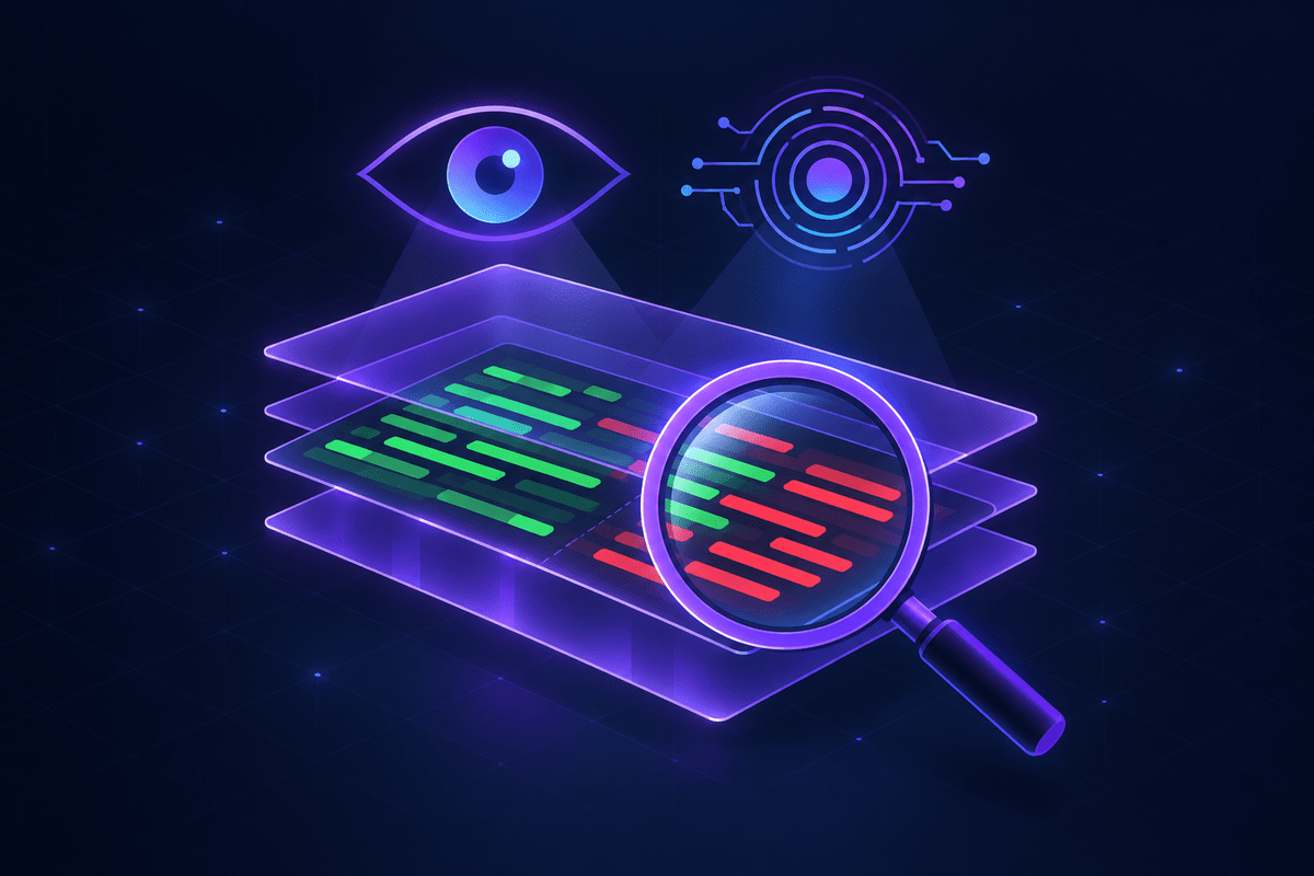 A magnifying glass over a code diff watched by a human eye and an AI eye through layered filters