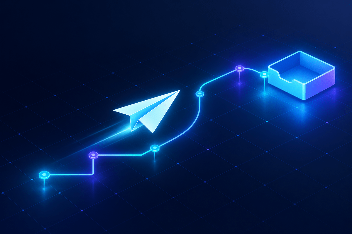 A paper plane flying along a circuit trace toward a glowing inbox