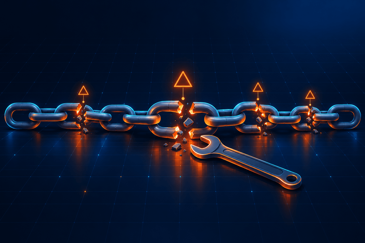 Broken chain links marked with warning signs and a wrench ready to repair them