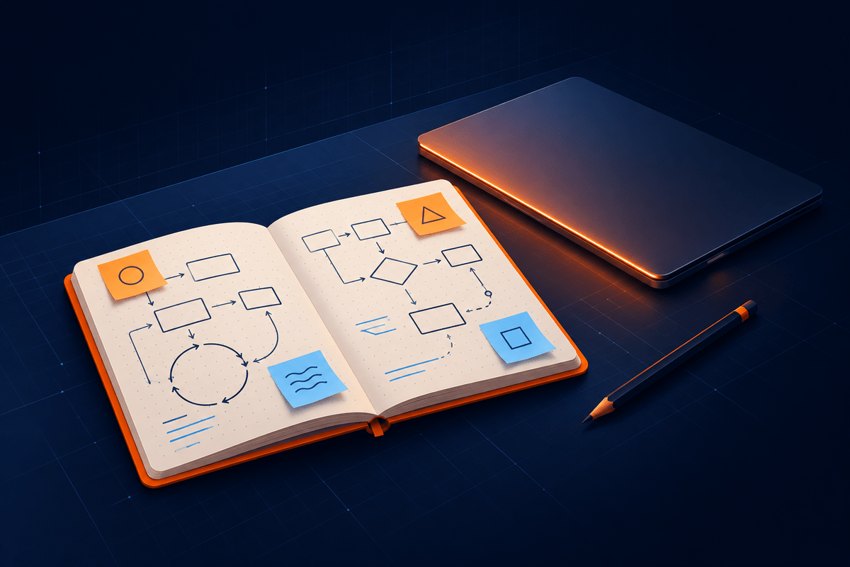 A field notebook of hand-drawn diagrams and sticky notes beside a laptop