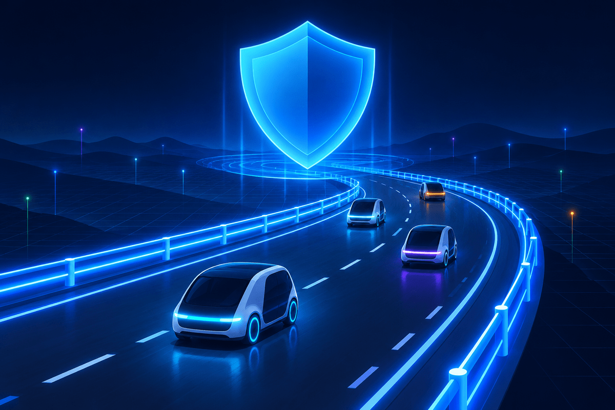 Autonomous agent vehicles driving along a road lined with guardrails under a shield