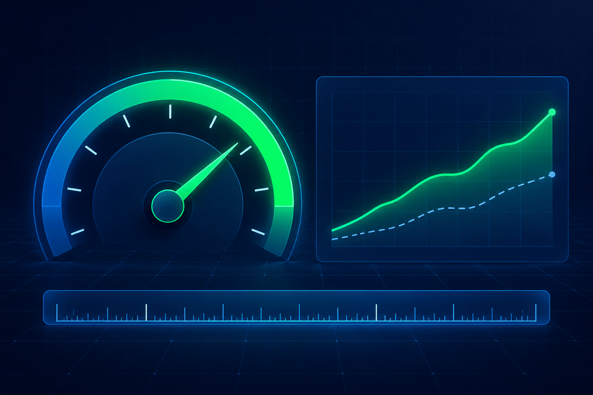 A gauge beside a chart where a rising line pulls away from a dashed baseline, with a ruler beneath