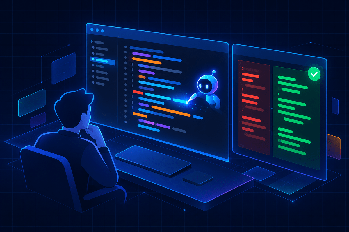 An AI agent writing code in an editor while a developer reviews the diff beside it