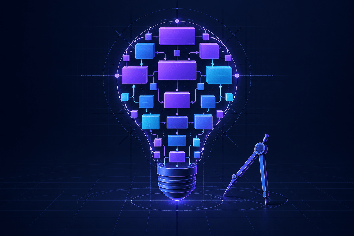 A lightbulb built from an architecture diagram of connected boxes over blueprint lines, with a drafting compass beside it