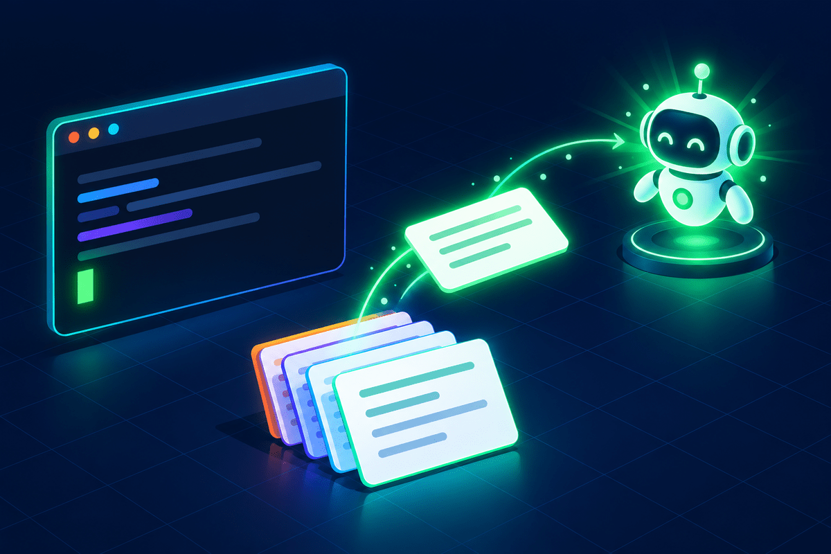 A terminal with a blinking cursor and a stack of prompt cards flowing to an AI agent