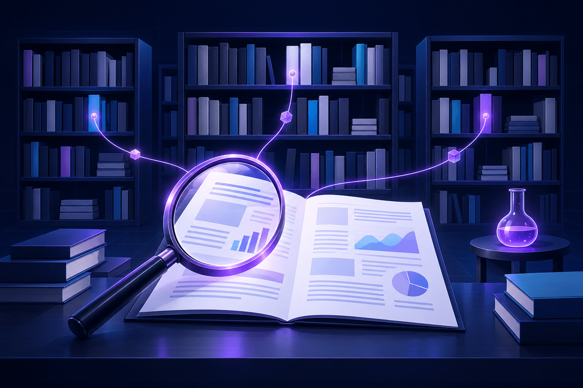 Shelves of research papers with a magnifying glass, citation chains and a lab flask