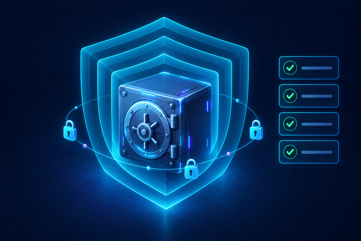 A layered shield protecting a data vault, with locks and checklist tiles around it