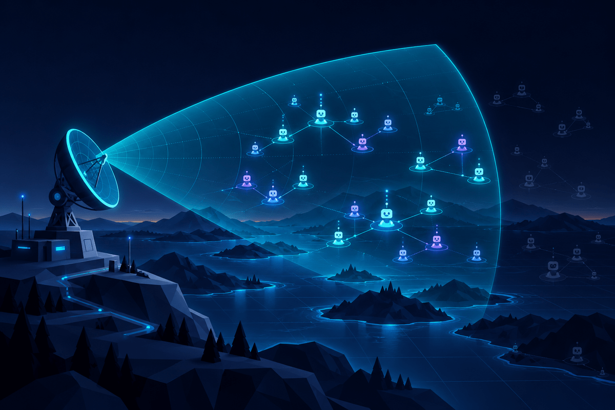 A radar dish scanning a horizon of constellations that represent AI agents