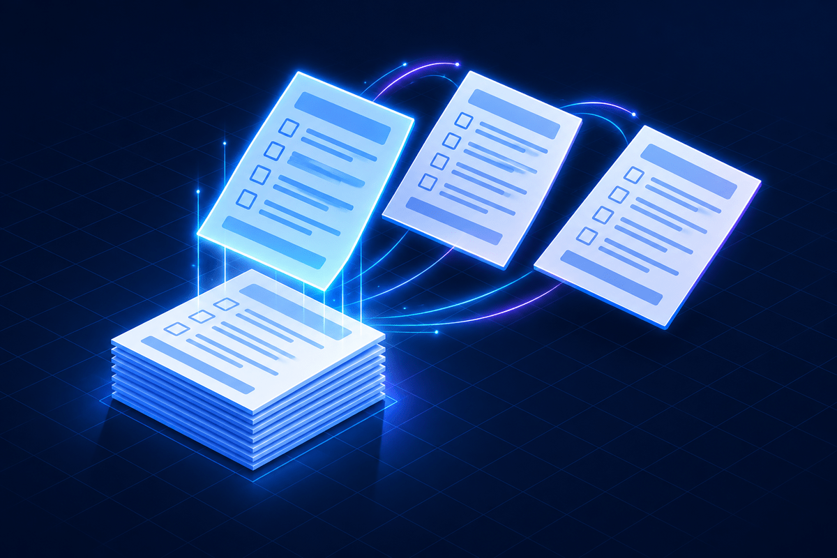 A stack of checklist documents being duplicated into fresh copies
